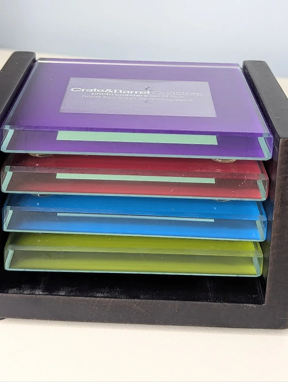Crate&Barrel Colored Glass Picture Frame Coasters In Dark Wood Holder Set Of 4
